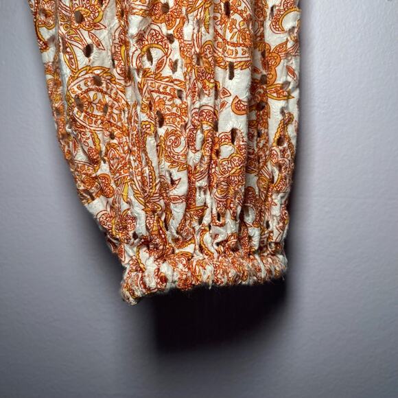 Bardot Large Orange White Paisley Eyelet Crop Long Sleeve Blouse Women's size 10 - Picture 5 of 9